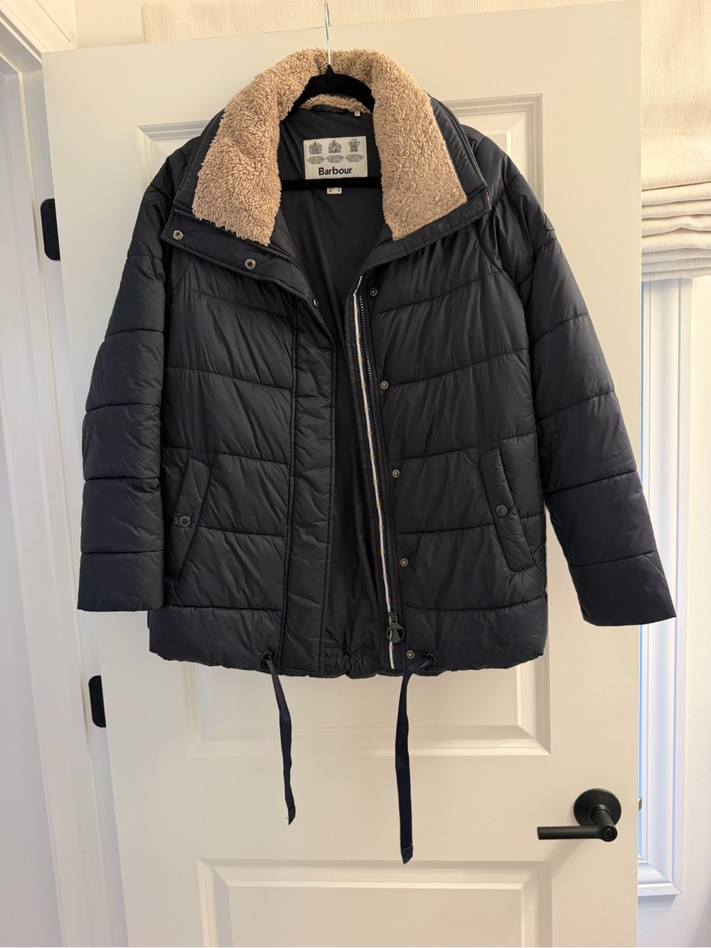 Barbour Black Quilted Puffer Jacket with Cream Sherpa Collar